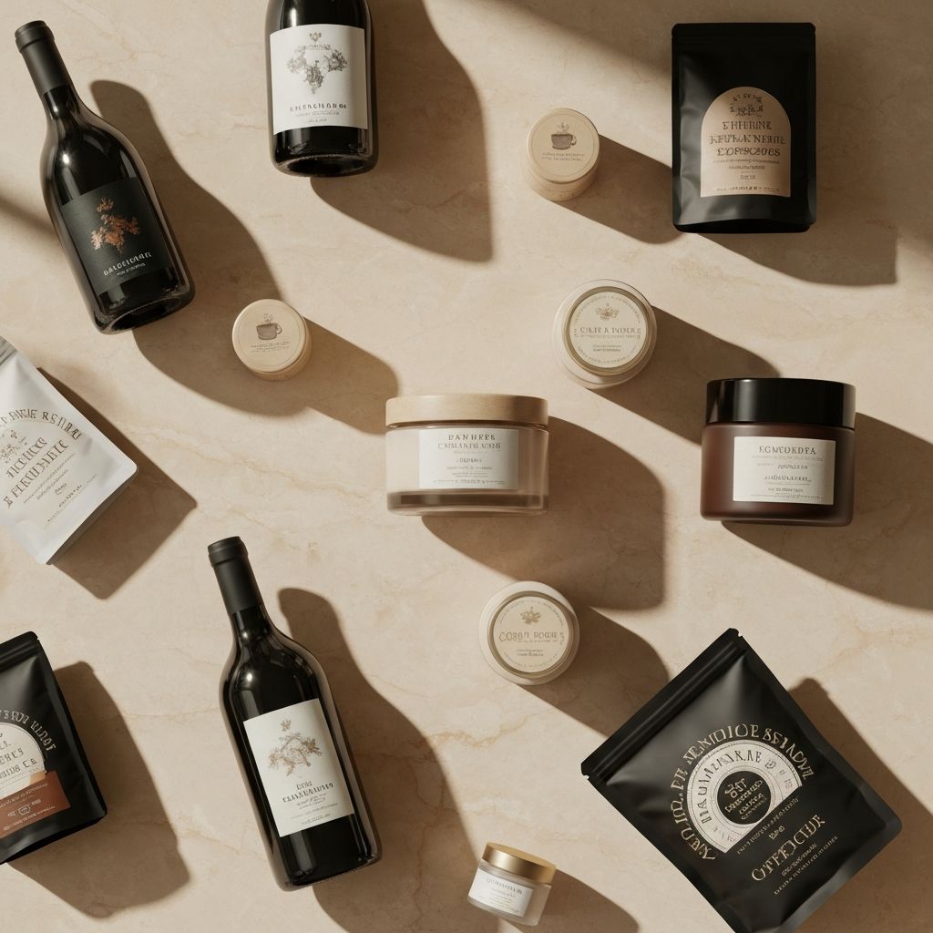 Premium packaging design mockups flatlay showcasing branding work