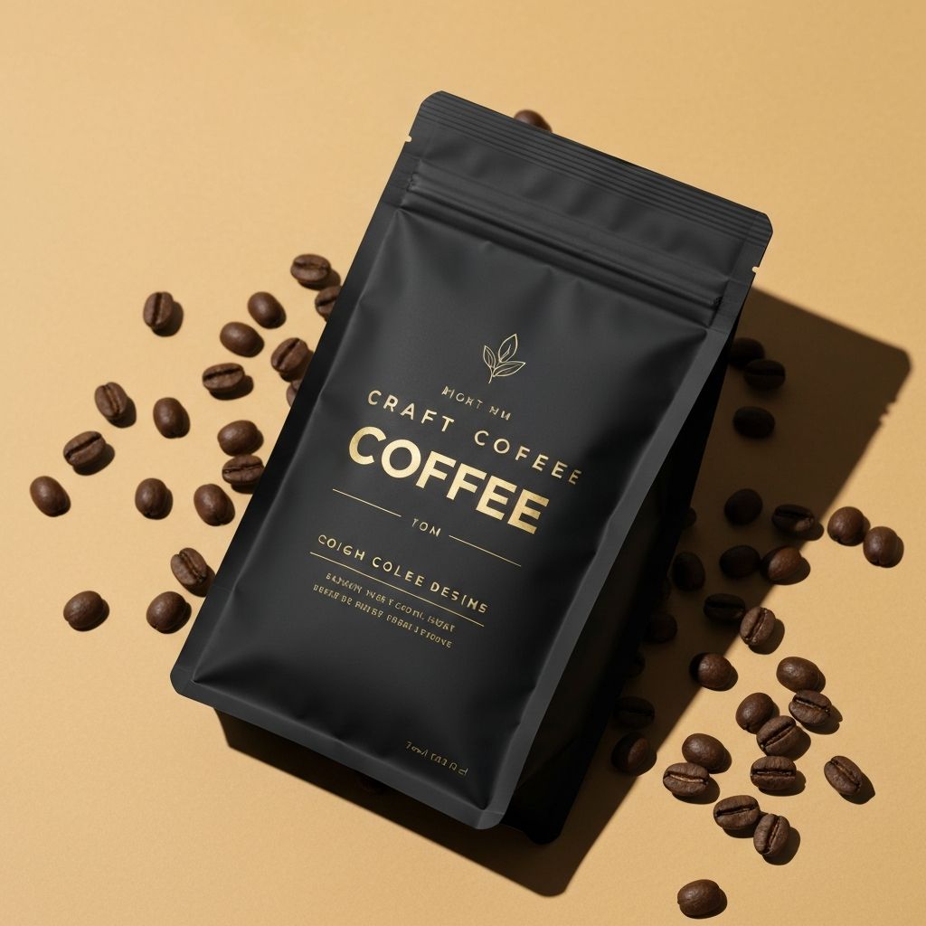 Premium specialty coffee bag packaging with elegant gold typography