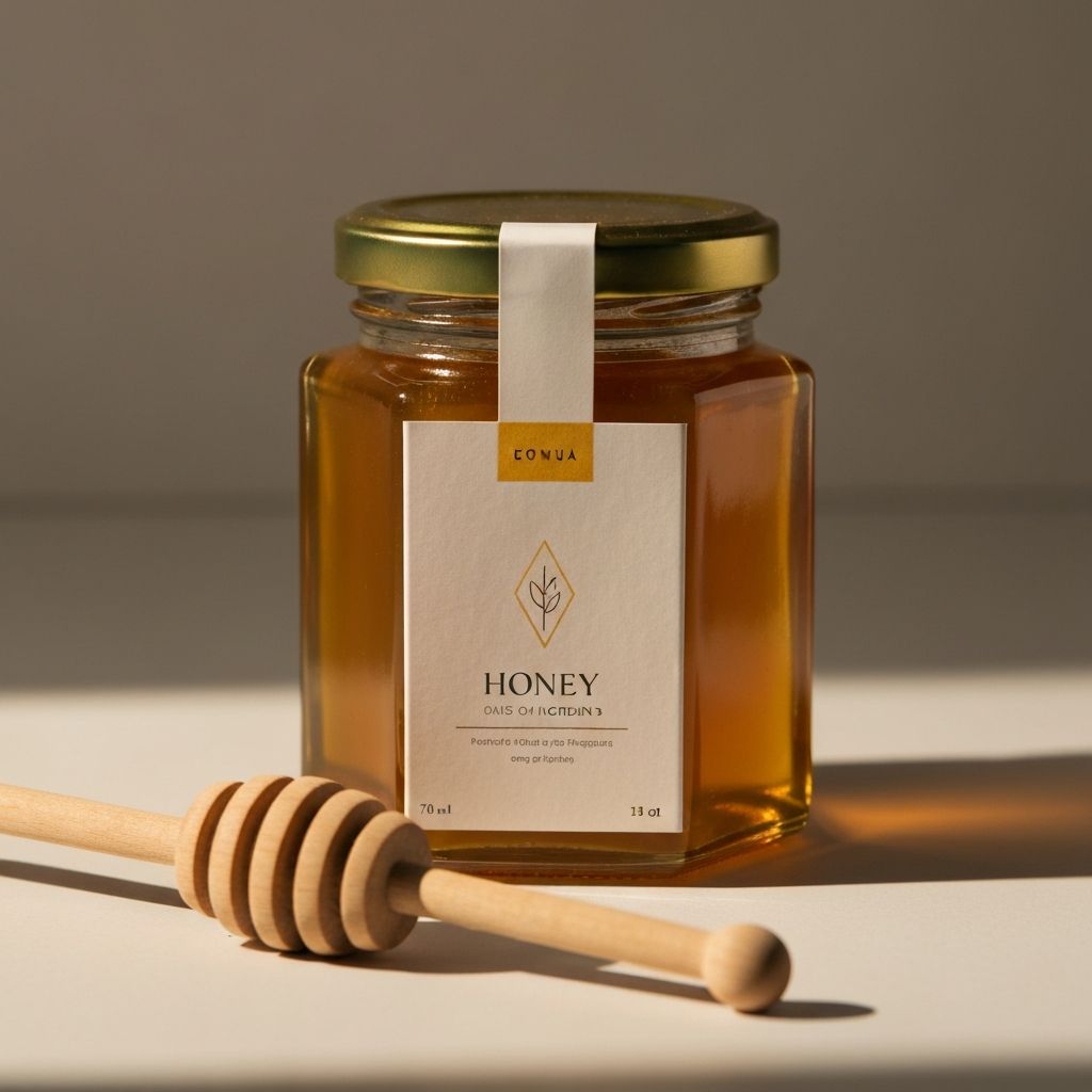 Artisanal honey jar packaging with minimalist label design