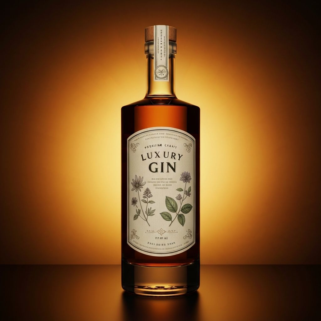 Premium craft gin bottle packaging with botanical illustration design